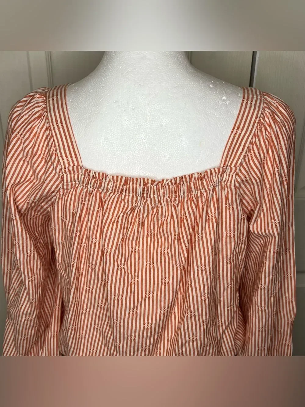 Madewell Orange/White Puff Long Sleeve Front Button Crop Women’s Top Sz M Ranch